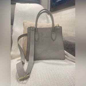 Classic Gray Leather Satchel with Detachable Strap